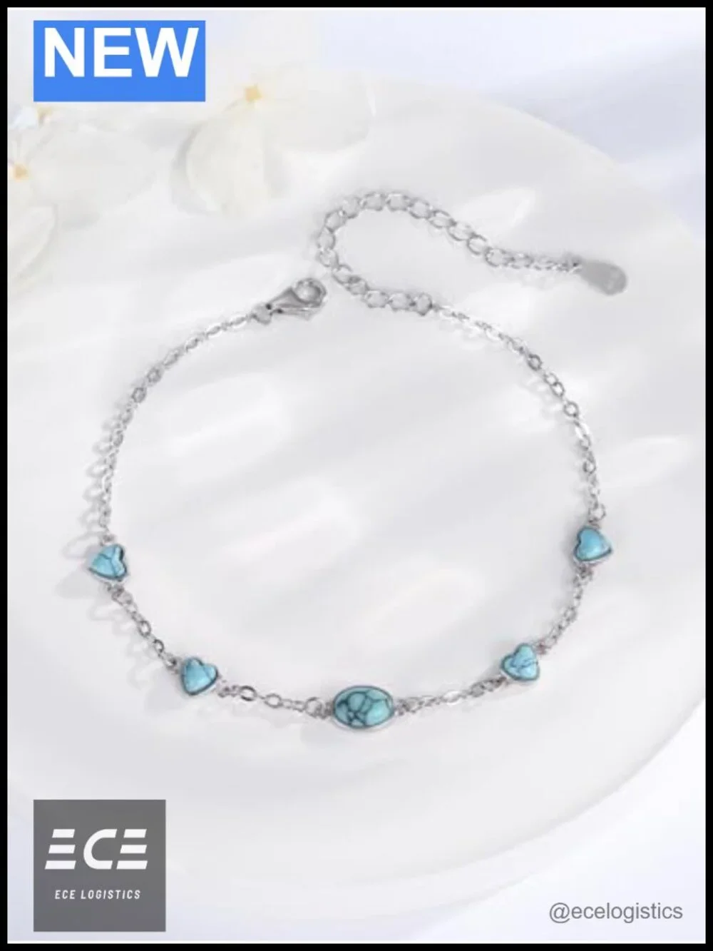 Turquoise and 925 Sterling Silver Heart Link Bracelet Adjustable Lobster Claw